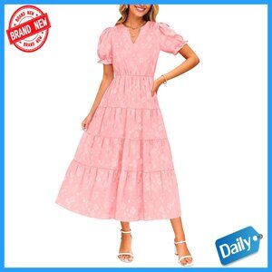 Puff Sleeve Midi Dress Floral Textured Ruffle V-Neck Flowy Summer Chic